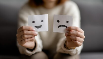Person holding two paper sheets depicting happy and sad faces.