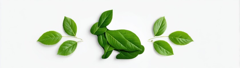 Obraz premium A creative arrangement of green leaves shaped like a rabbit, flanked by additional leaves, showcasing nature's beauty and artistry.