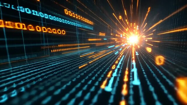 Abstract digital binary code streams forward, focused to a bright point. Dynamic blue and orange