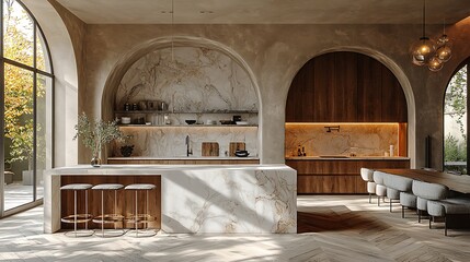 Cozy modern kitchen living area with classic wood and marble theme high resolution photo