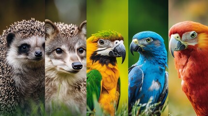 Colorful Display of Diverse Wildlife Featuring a Hedgehog, Fox, Parrots, and Other Animals in a Vibrant Natural Setting