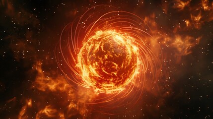 Obraz premium Digital abstract representation of iron atom glowing red hot with swirling magnetic fields around it