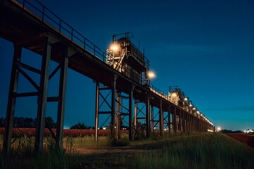 Obraz premium Rows of industrial structures stand illuminated under the night sky, casting a warm glow along a rural pathway. Surrounding fields are quiet, enhancing the peaceful atmosphere