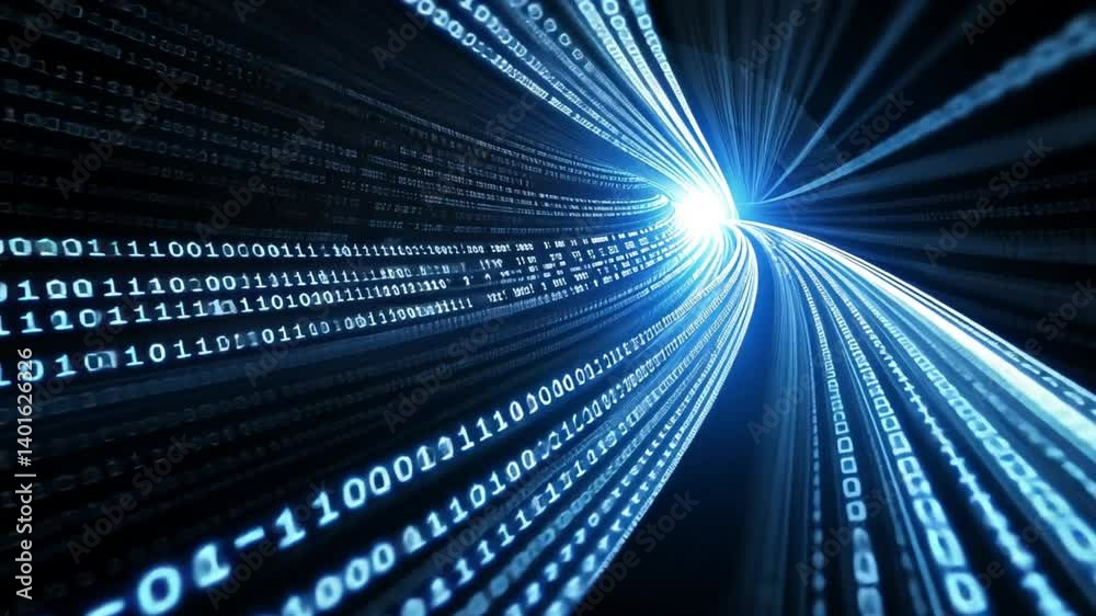 Aufkleber digital data stream: abstract visualization of binary code flowing through a tunnel of light