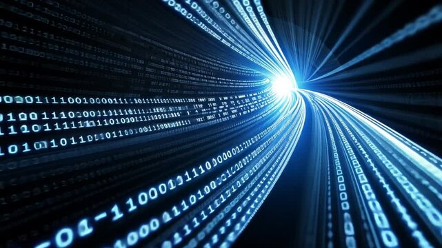 Digital Data Stream: Abstract Visualization of Binary Code Flowing Through a Tunnel of Light