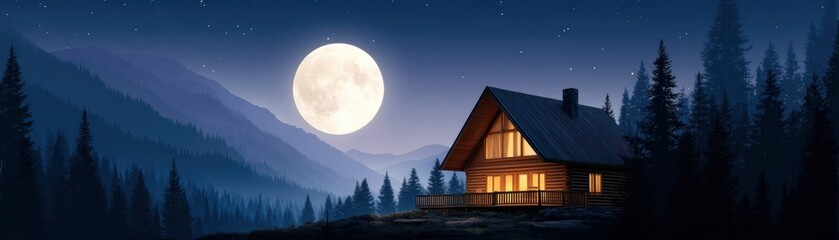 A serene night scene featuring a cozy cabin illuminated by moonlight, surrounded by towering trees and mountains under a starry sky.