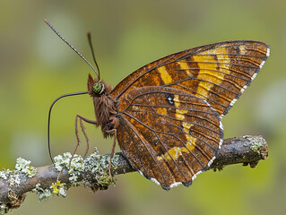 Obraz premium Side view of the brown and yellow winged butterfly on a lichen-covered branch against a muted green background