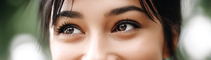 Obraz premium A close-up view of a woman's expressive eyes, showcasing her healthy skin and lively demeanor against a softly blurred green background.