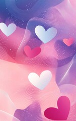 Colorful Abstract Heart Shapes Float Against a Dreamy Purple and Pink Background, Creating a Romantic Atmosphere Perfect for Expressing Love