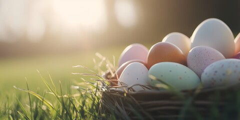 Colorful Eggs Arranged in a Basket on Green Grass During Golden Hour, Showcasing a Peaceful Spring Atmosphere and the Spirit of Celebration