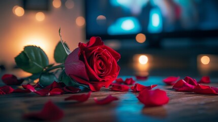 Beautiful Red Rose Surrounded by Petals With Soft Lighting and a Blurred Background Creating a Romantic Atmosphere