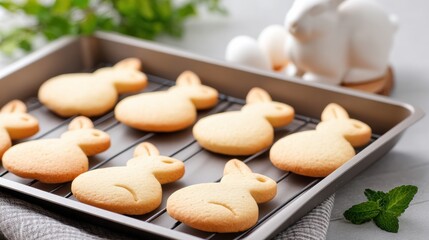 Cute bunny-shaped cookies cooling on a tray, surrounded by fresh mint and a decorative rabbit, evoking a festive baking atmosphere.