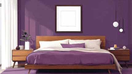 Modern Purple Bedroom Interior Design with Wooden Bed and Minimalist Decor