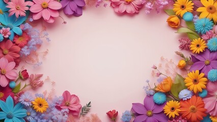Colorful floral border in paper art style on pink background