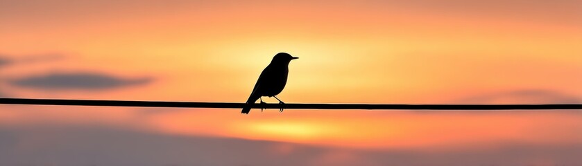 A silhouetted bird perches on a wire against a vibrant sunset, creating a serene and picturesque scene.