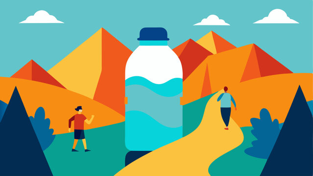 Mountain Hike A vibrant hiking scene shows a gigantic water bottle taking up most of the foreground with a bright label that draws all the attention. In the background hikers climb