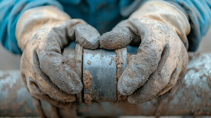 Worker with dirty gloves handling a pipe connection  
