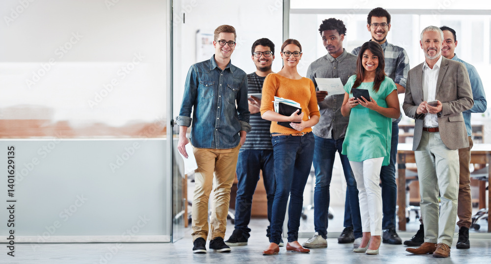 Poster portrait, people and happy in office with documents for teamwork, collaboration and plan as graphic 