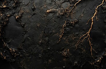 Black Textured Background with Gold Veins Abstract Dark Rock Surface