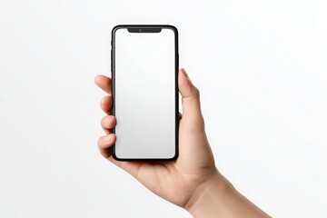 Hand holding a modern smartphone with a blank white screen against a plain background.