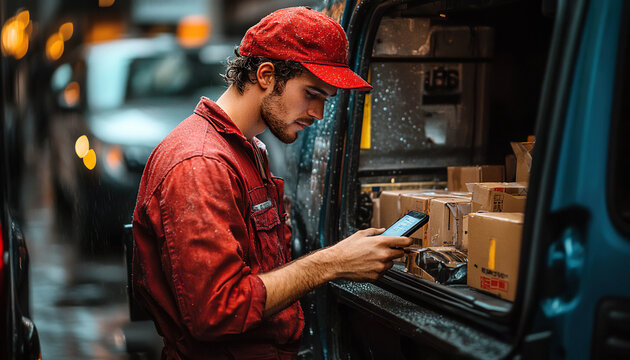 Focused courier scanning packages with phone from blue van on rainy day in city, Generated with AI