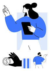 Person in blue attire holding a tablet gesturing confidently, black hand holding coin symbolizing payment, individual brainstorming. Ideal for finance, teamwork, leadership, innovation, planning