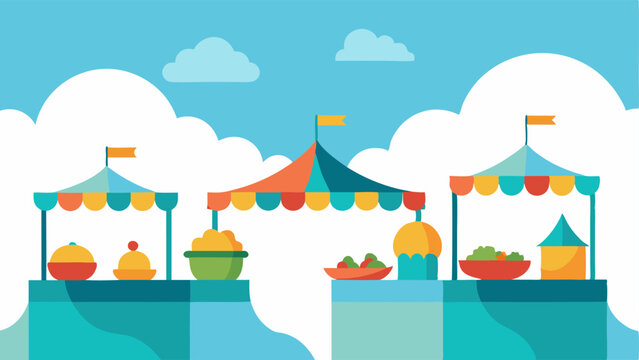 Marketplace in the Clouds An openair market spreads across a wide cloud platform with colorful stalls selling floating produce and artisanal goods. Shimmering canopies adorned with