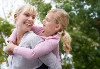 Nature, piggyback and young mother with kid playing in an outdoor park, garden or field. Love, smile and happy mom having fun, bonding and carrying cute girl child outside by trees in summer.
