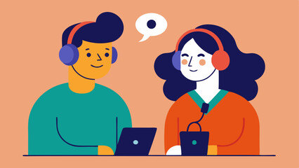 Headphone Testing The couple is trying on headphones in a cozy listening station with one person nodding to the beat while the other laughs.