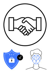 Handshake symbolizing agreement, shield with lock for security, facial recognition icon for technology. Ideal for partnership, trust, privacy, authentication, identity, safety modern tech concepts