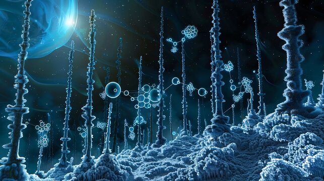 Glowing molecular visualization of methane clathrates forming an icy deep sea environment