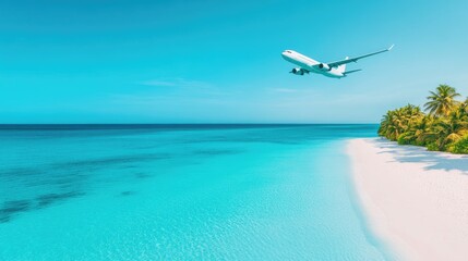 Tropical Island Vacation. Pristine beach meets turquoise ocean with a plane soaring above