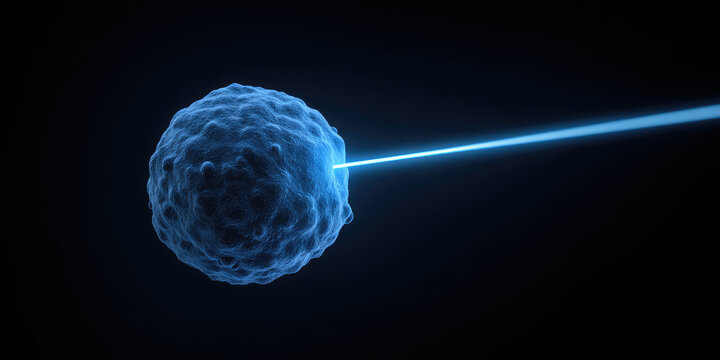 3D illustration of Laser beam targeting and destroying cancer cell. Concept of photodynamic therapy, illustrating precise treatment. 