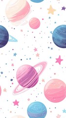 Cute Cartoon Vector Style Landscape with Planets and Stars Background