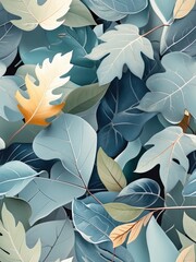 Forest leaves pattern in watercolor style with blue tones