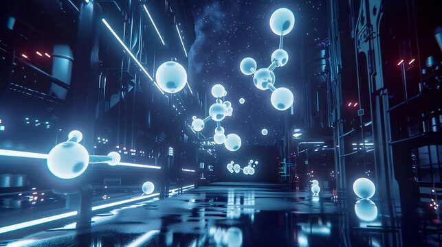 Glowing neon representation of phosphine molecules floating a high tech chemistry interface