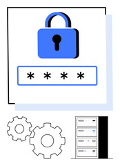 Padlock above password field, two gears, server tower. Ideal for cybersecurity, data protection, IT management, tech education, software development online privacy secure access. Line metaphor