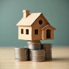 House model standing on stacked coins symbolizing real estate value and investment