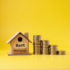 Cardboard house labeled "Rent" and "Mortgage" beside descending stacks of coins on yellow background, symbolizing cost comparison of renting vs. owning a home