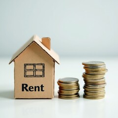 Cardboard house labeled "Rent" next to stacked coins on a white surface, symbolizing rental costs and financial burden of renting a home