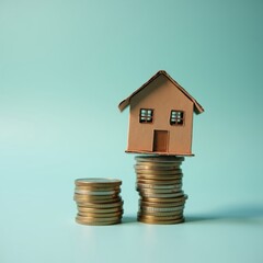 House model standing on stacked coins symbolizing real estate value and investment