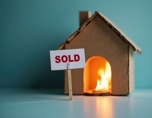 House on fire with "Sold" sign, symbolizing risky property purchase