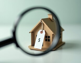 Cardboard House with Price Tag Under Magnifying Glass Highlighting Real Estate Costs