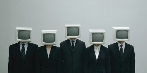People with retro analog TVs instead of heads. People with tv heads. Creative concept mind control, propaganda, mass media influence. 