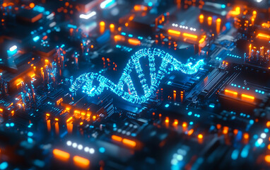 Glowing DNA Helix on Futuristic Circuit Board: A Cyberpunk Digital Art