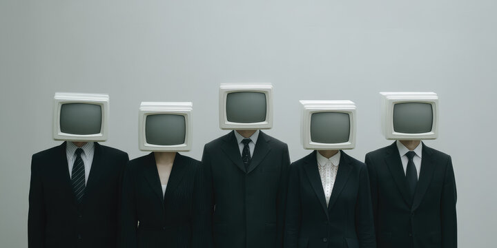 People with retro analog TVs instead of heads. People with tv heads. Creative concept mind control, propaganda, mass media influence. 