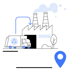 Recycling truck delivering waste to recycling facility with chimneys emitting smoke, surrounded by trees. Ideal for sustainability, recycling, waste management, transportation, eco-friendly industry