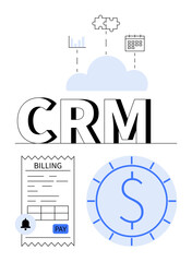 CRM text with cloud, chart, puzzle, and calendar icons above. Billing invoice and dollar coin below. Ideal for customer relationships, finance, automation, strategy analytics business flat simple