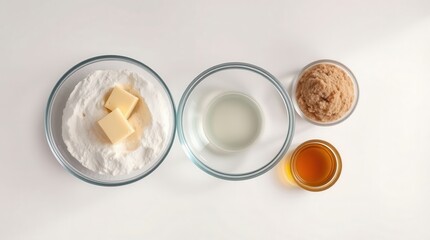 Baking Ingredients Flat Lay with Butter, Honey, Flour, and Brown Sugar in Glass Bowls

