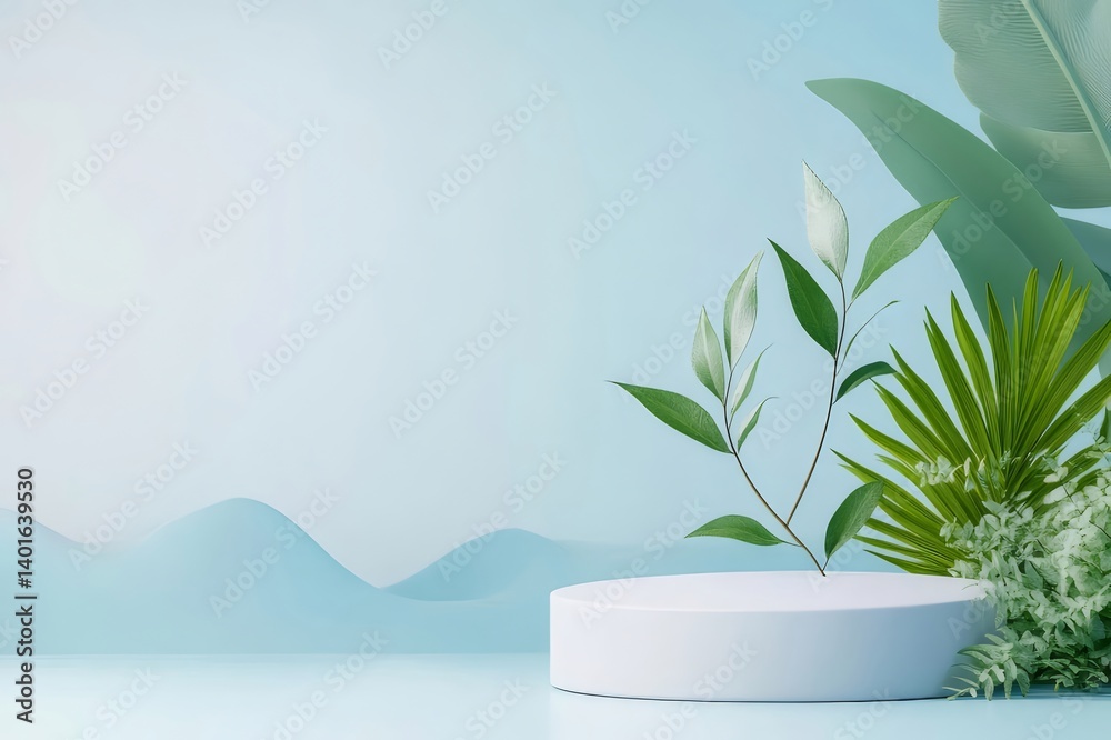 Poster 白の円形プラットフォームと葉のある植物 水色背景の爽やかで清潔感のあるミニマリストなデザイン